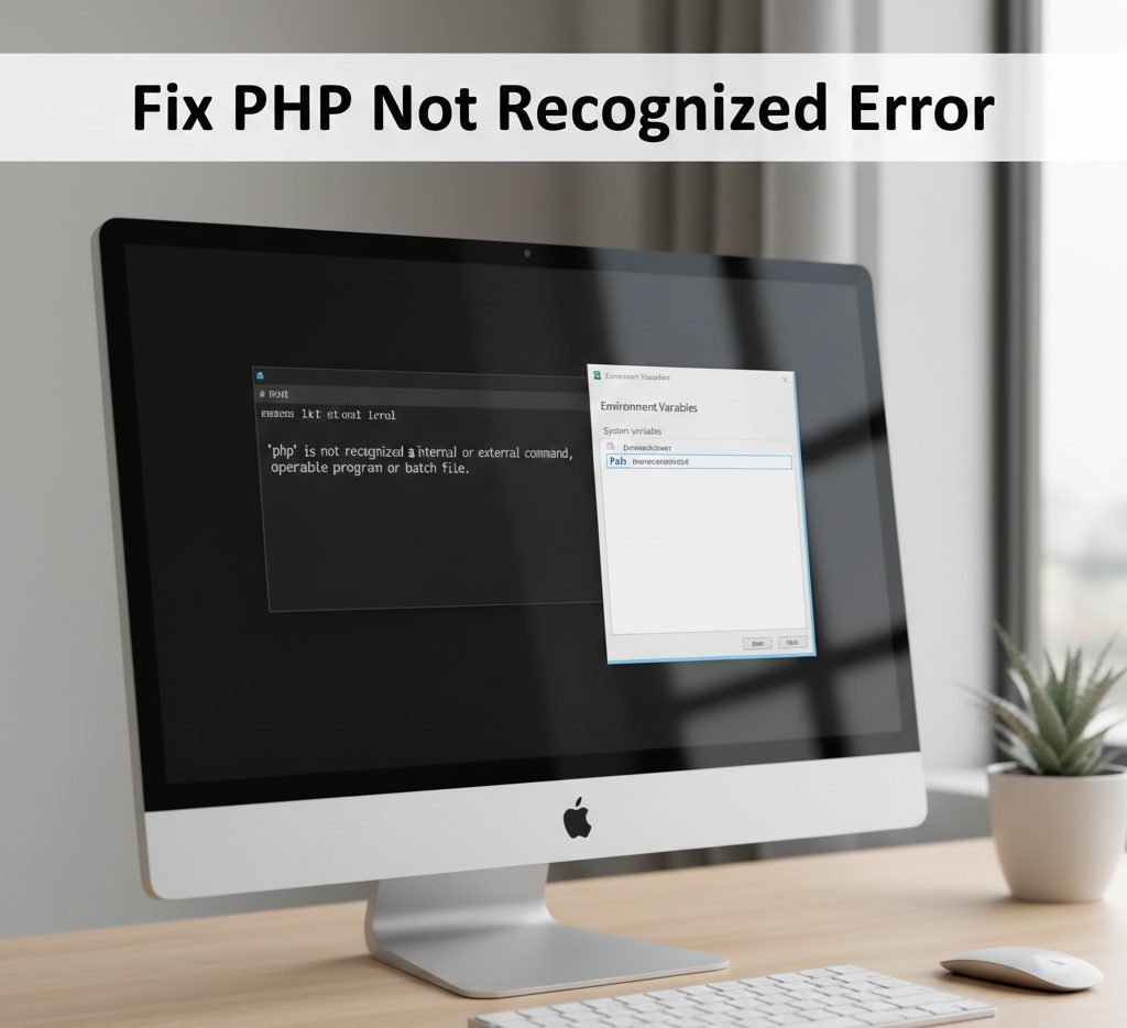 a Windows desktop monitor displaying Command Prompt with the error message: 'php' is not recognized as an internal or external command