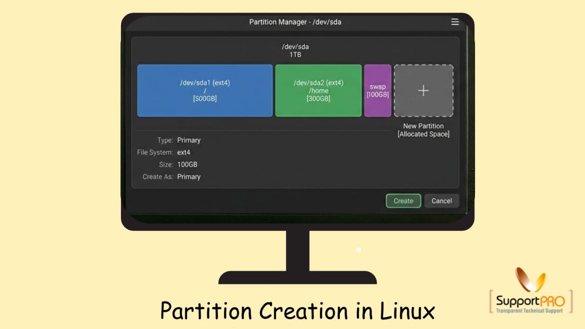 On-screen partition manager showing /dev/sda with multiple partitions and an option to create a new partition.