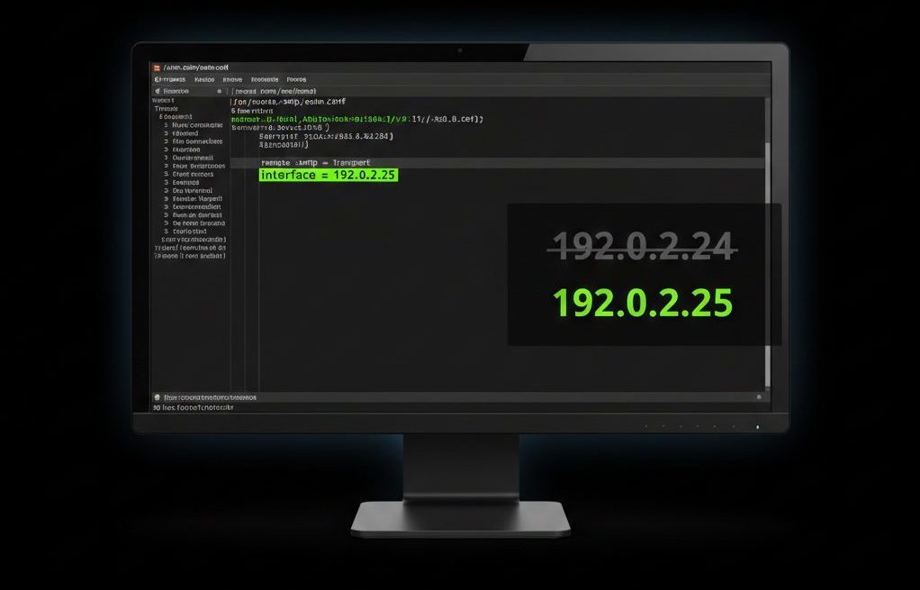 n image showing a black computer monitor featuring Linux server terminal window open on screen displaying Exim configuration