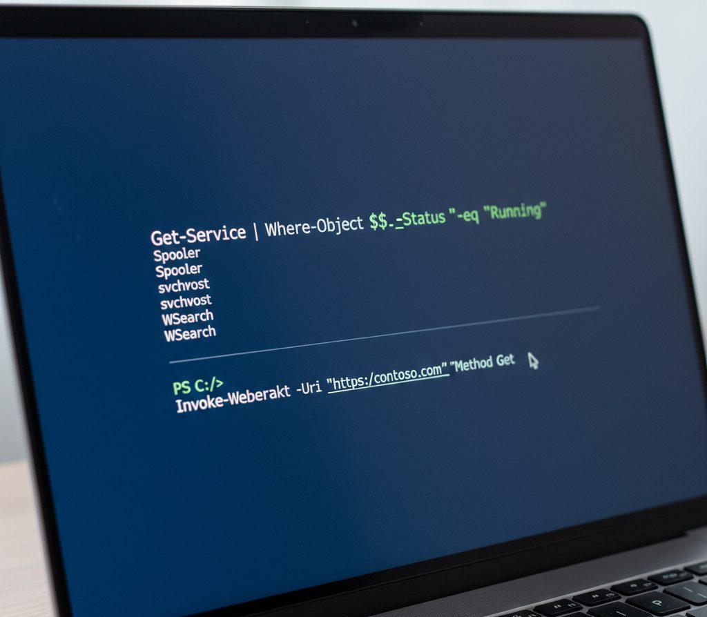 Close-up of a laptop screen showing a PowerShell command window with commands