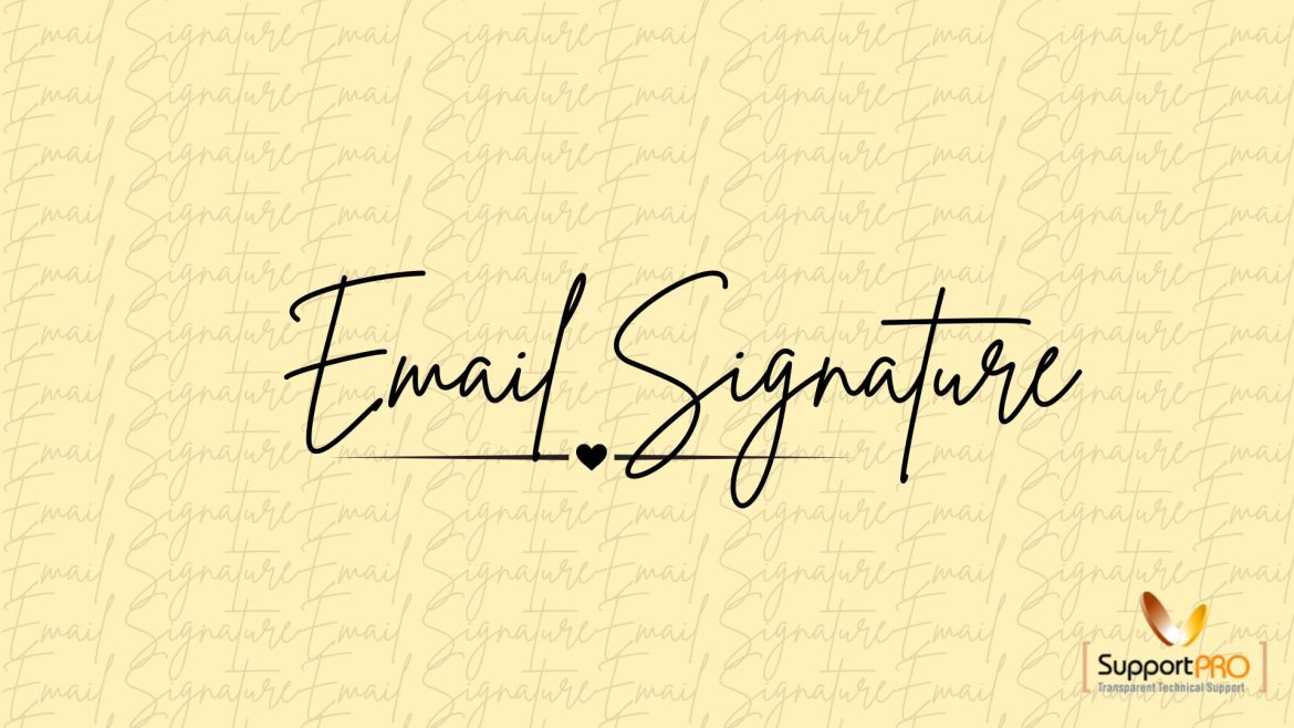 Beige banner with a large black cursive 'Email Signature' across the center, a subtle repeating 'Email Signature' watermark pattern in the background, and a small SupportPRO logo in the bottom-right corner.