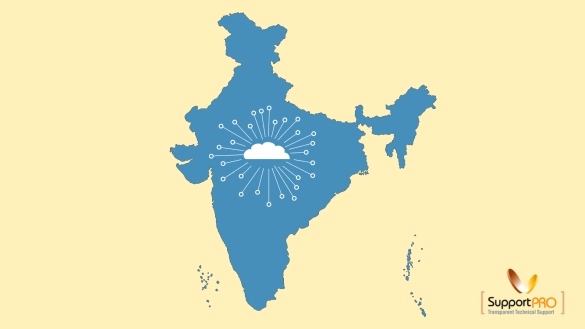 Blue map of India with a white cloud icon surrounded by radiating network spokes at the center.