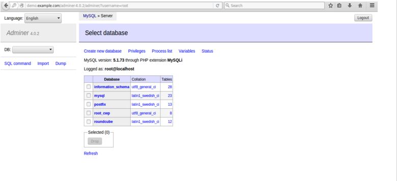 login page of adminer