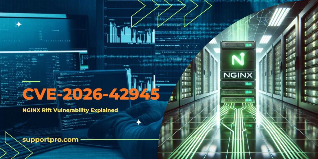 Banner announcing CVE-2026-42945: NGINX Rift Vulnerability Explained with data-center visuals in blue and yellow text