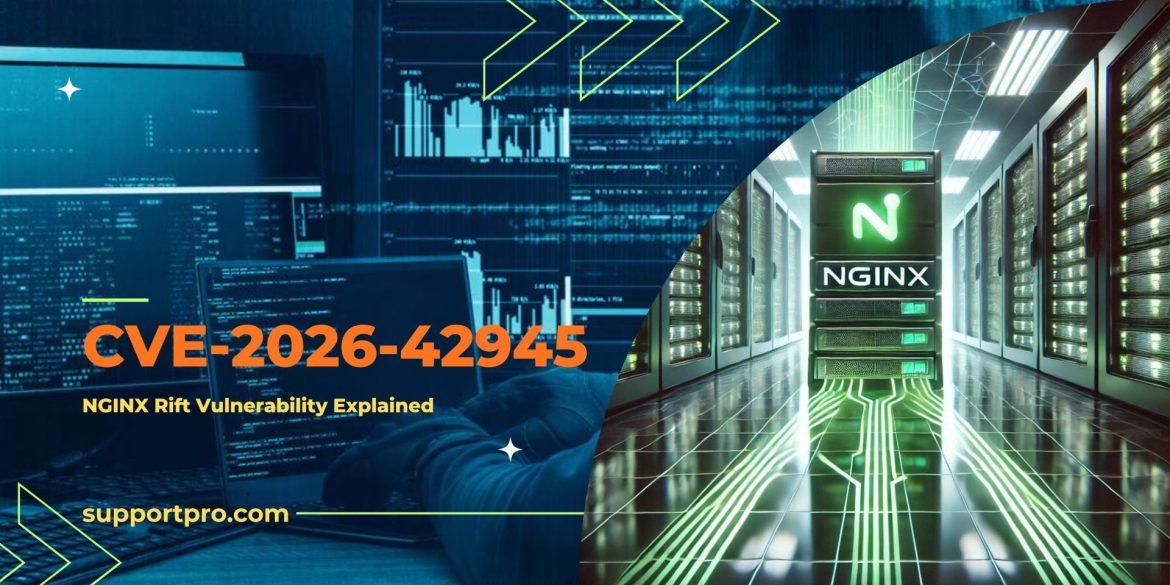 Banner announcing CVE-2026-42945: NGINX Rift Vulnerability Explained with data-center visuals in blue and yellow text