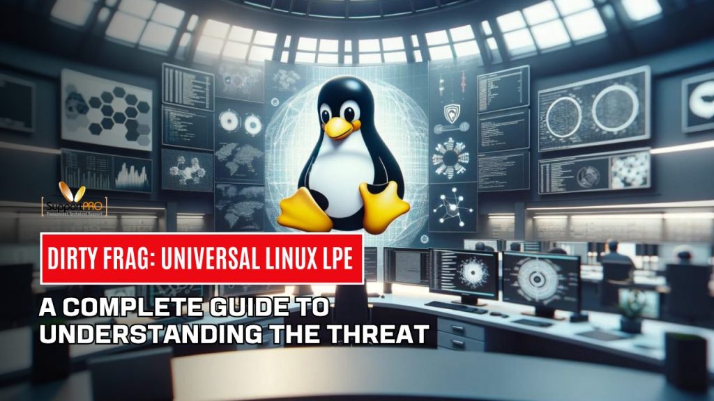 Tux the Linux penguin stands in a high-tech control room with many monitors; a red banner reads 'DIRTY FRAG: UNIVERSAL LINUX LPE' and the subtitle 'A COMPLETE GUIDE TO UNDERSTANDING THE THREAT'.