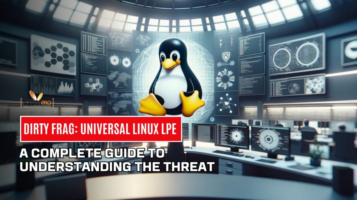 Tux the Linux penguin stands in a high-tech control room with many monitors; a red banner reads 'DIRTY FRAG: UNIVERSAL LINUX LPE' and the subtitle 'A COMPLETE GUIDE TO UNDERSTANDING THE THREAT'.