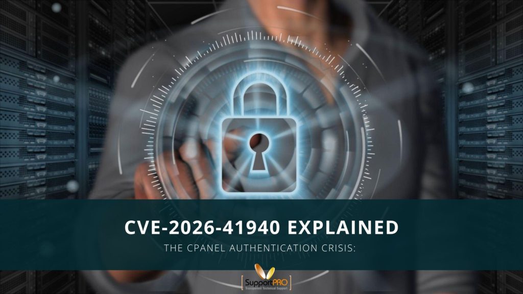 Security-themed banner: glowing lock over a data center with the headline 'CVE-2026-41940 Explained'