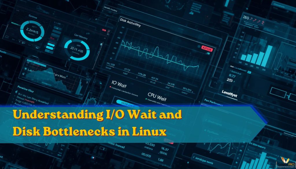 Linux server monitoring dashboard showing I/O wait and disk bottlenecks