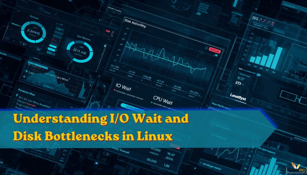 Linux server monitoring dashboard showing I/O wait and disk bottlenecks