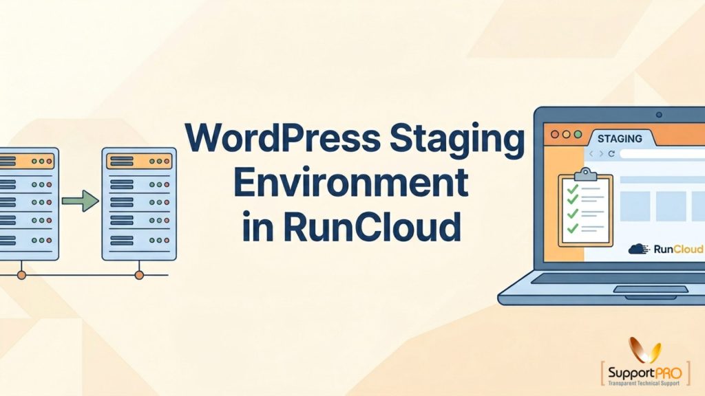 Banner: WordPress Staging Environment in RunCloud with server icons on left and a laptop displaying a staging screen on the right.
