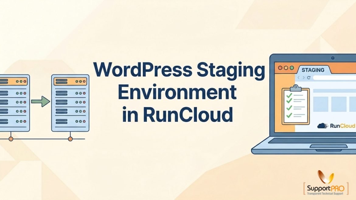 Banner: WordPress Staging Environment in RunCloud with server icons on left and a laptop displaying a staging screen on the right.