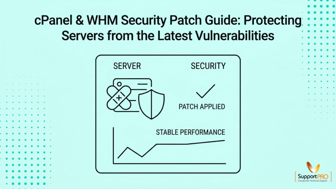 Graphic titled 'cPanel & WHM Security Patch Guide: Protecting Servers from the Latest Vulnerabilities' with a diagram of a server and a shield showing patch applied кредита.