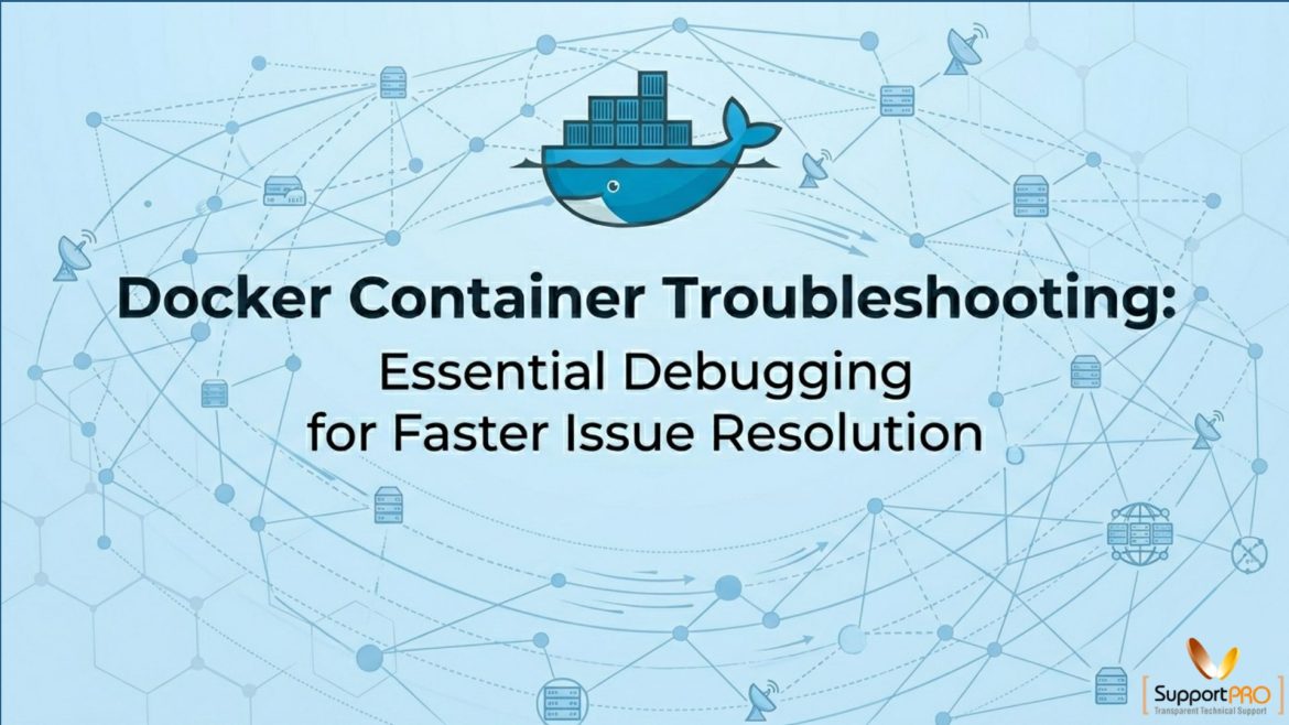 Docker-themed banner with the whale logo and the title about container troubleshooting and faster issue resolution (informational).