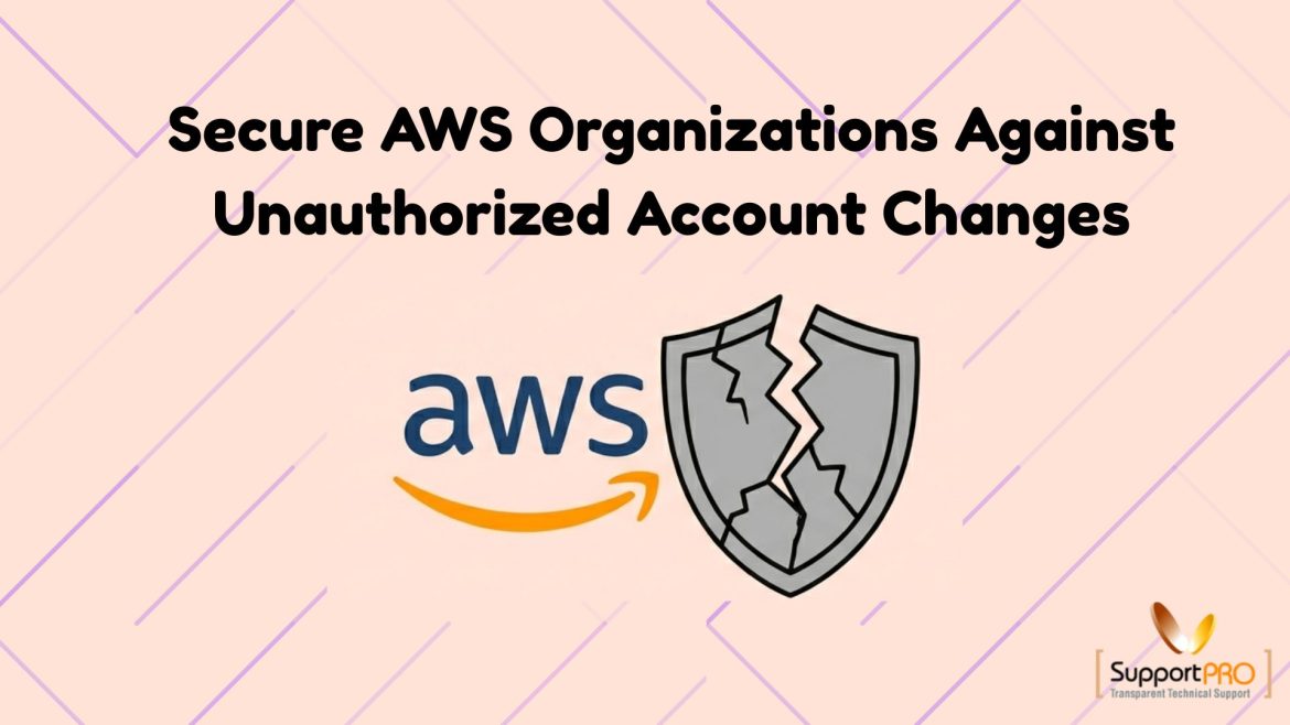 Banner announcing 'Secure AWS Organizations Against Unauthorized Account Changes' with AWS logo and cracked shield icon on a peach background.