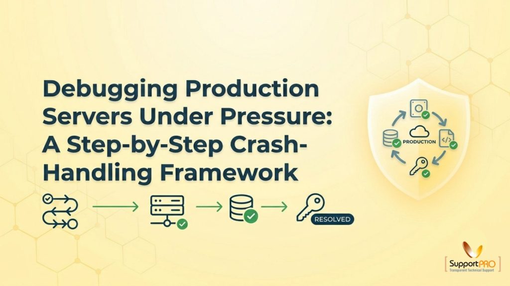 Banner about debugging production servers under pressure with a shield icon and flow diagrams illustrating a crash-handling framework.