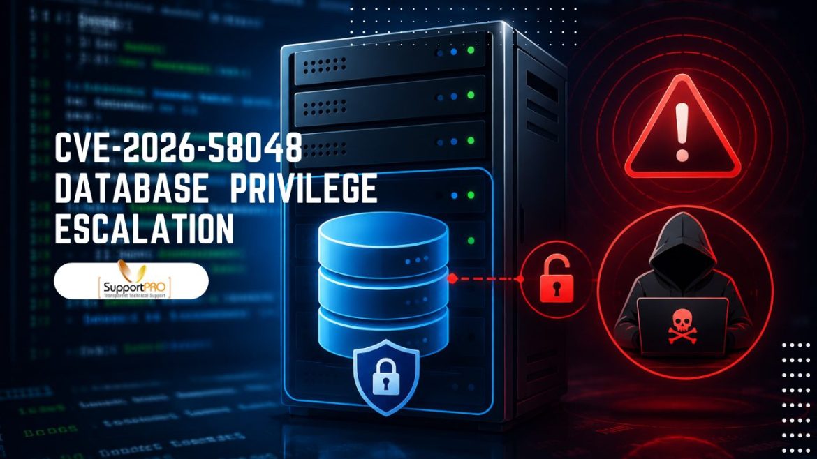 Server rack with a blue database icon and shield, warning icon and hacker at laptop, about CVE-2026-58048 privilege escalation.