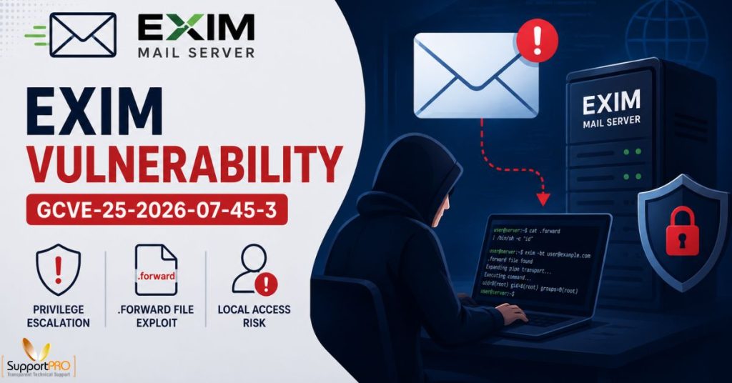 EXIM mail server vulnerability poster showing a hooded hacker at a laptop with icons for privilege escalation, forward file exploit, and local access risk.
